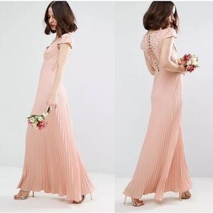 ASOS WEDDING Lace Back Pleated Maxi Dress In Nude- Size:4)
